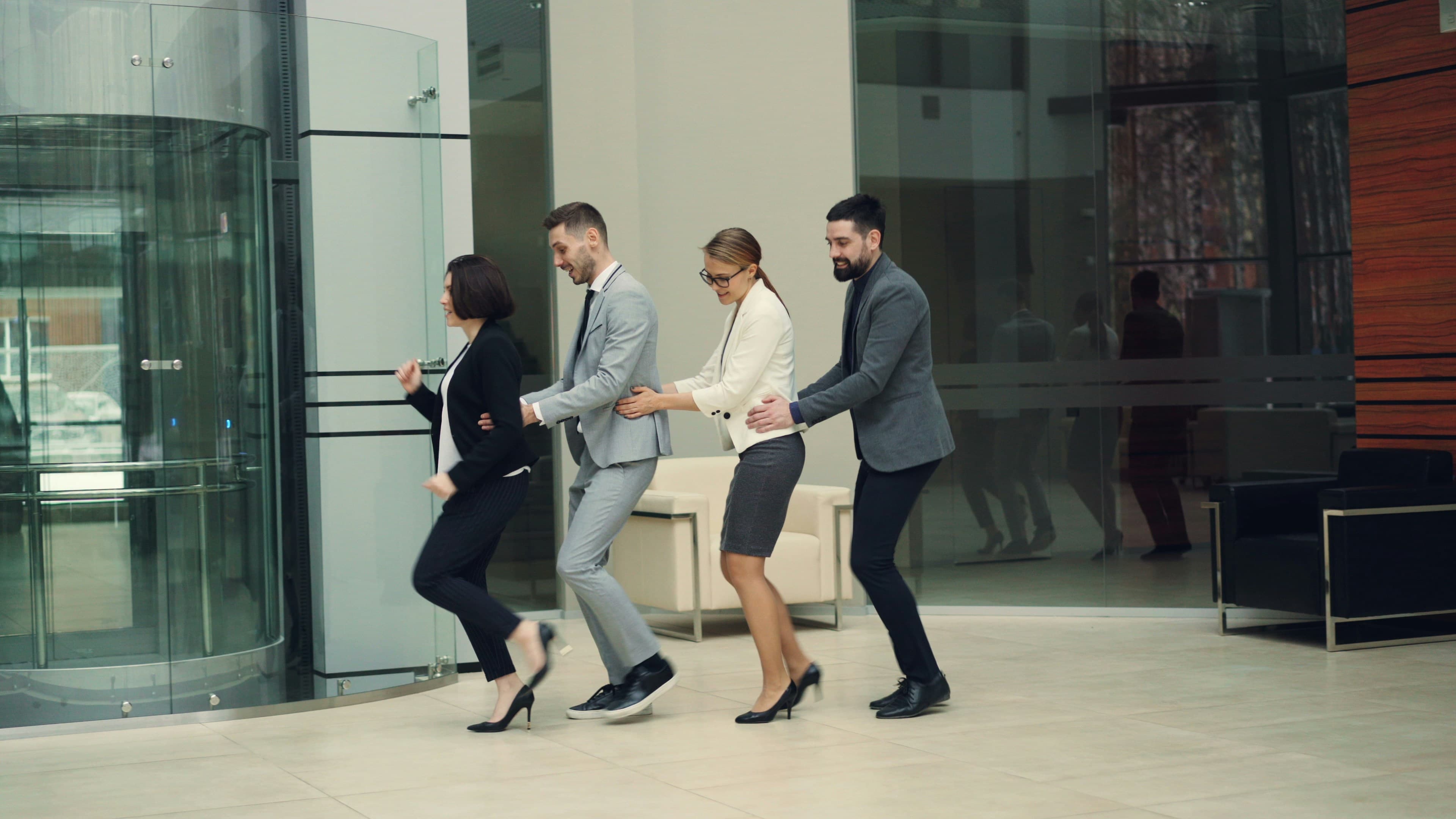 Corporate team in office lobby with matcha cart